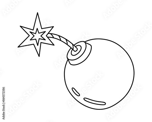 Hand drawn cute outline illustration of bomb with burning wick. Danger explosive weapon. Flat vector stress or problem line art doodle style. Planning or time management icon. Event deadline. Isolated