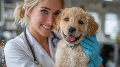 A happy female vet in a lab coat and blue gloves cuddles a delighted golden retriever puppy in a veterinary clinic, showcasing warmth and affectionate care for animals. © Lens Legacy