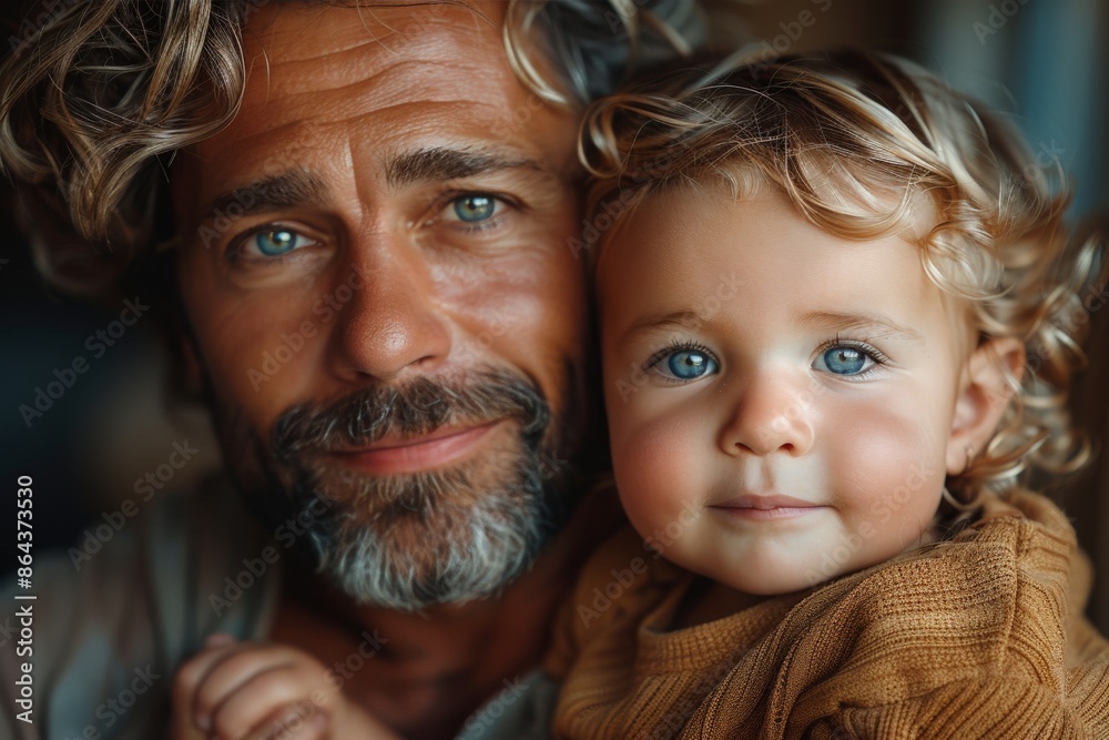 A heartwarming portrait of a bearded man and a blonde-haired child, capturing an intimate and warm connection between the father and his beloved child. A heartwarming portrait of a bearded man and a blonde-haired child, capturing an intimate and warm connection between the father and his beloved child.