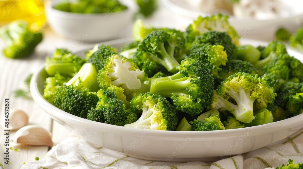 Freshly steamed broccoli florets in a white bowl, ready to be served as a healthy and delicious side dish. Freshly steamed broccoli florets in a white bowl, ready to be served as a healthy and delicious side dish.