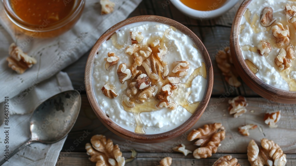 Two bowls of creamy yogurt topped with honey and walnuts. Rustic wooden background. Delicious and healthy breakfast. Two bowls of creamy yogurt topped with honey and walnuts. Rustic wooden background. Delicious and healthy breakfast.