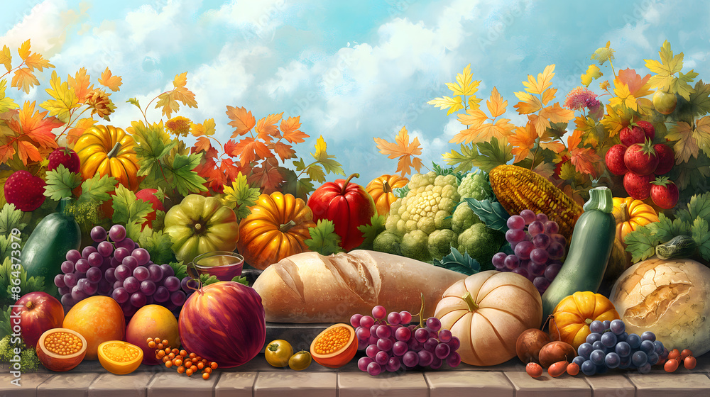 a painting of a fruit and vegetables with a sky background a painting of a fruit and vegetables with a sky background