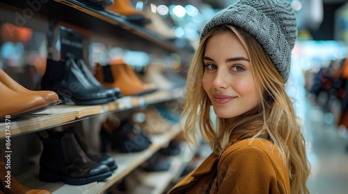 A young woman wearing a beanie smiles as she browses various footwear options in a stylish and organized shoe store, looking at the camera, surrounded by different shoes.