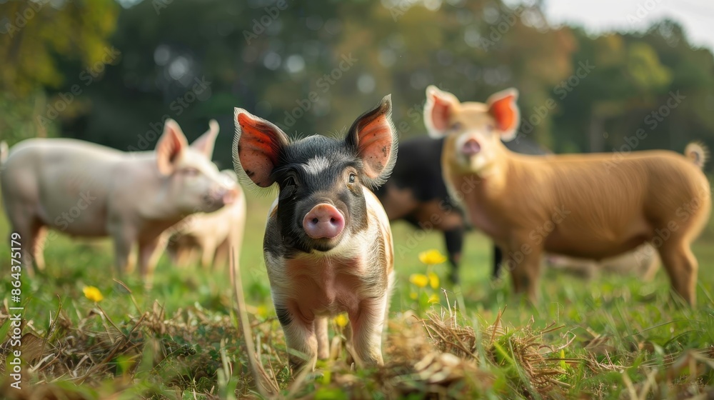 A piglet exploring a lush green field surrounded by other pigs, illustrating the abundance of nature and life in rural farming environments.