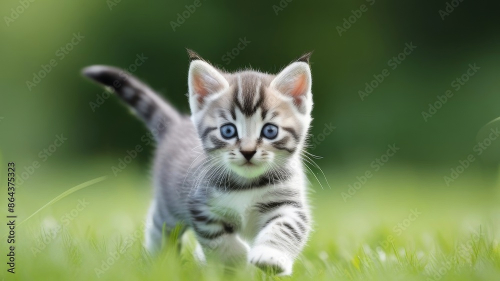 Cute American Shorthair kitten with gray-blue eyes running on lawn grass in the sunlight. Healthy lifestyle concept for pets. Advertising concept of cat food. Copy space Cute American Shorthair kitten with gray-blue eyes running on lawn grass in the sunlight. Healthy lifestyle concept for pets. Advertising concept of cat food. Copy space