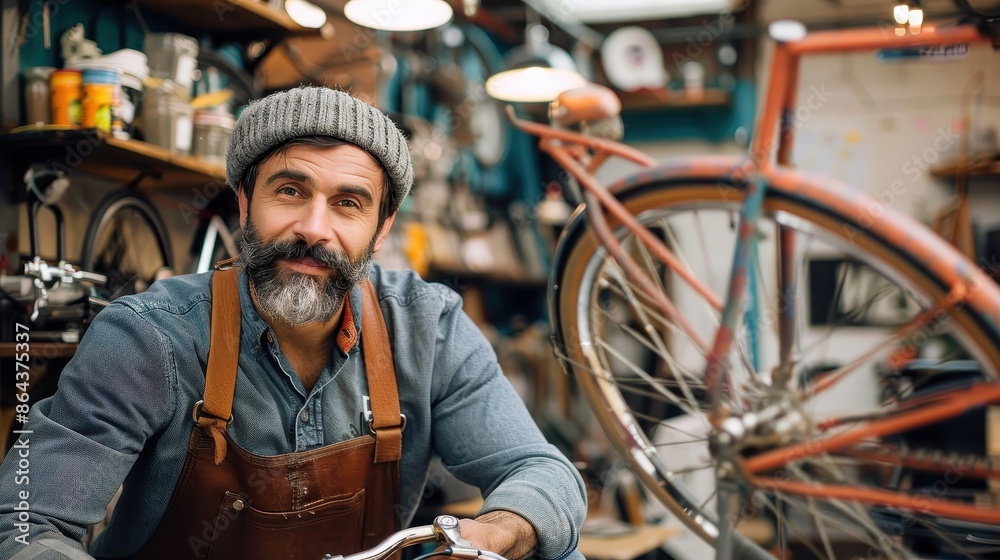 A man in a beanie and apron is seen in his workshop working on a vintage bicycle, showcasing craftsmanship, dedication, and the beauty of hands-on work and repairs. A man in a beanie and apron is seen in his workshop working on a vintage bicycle, showcasing craftsmanship, dedication, and the beauty of hands-on work and repairs.