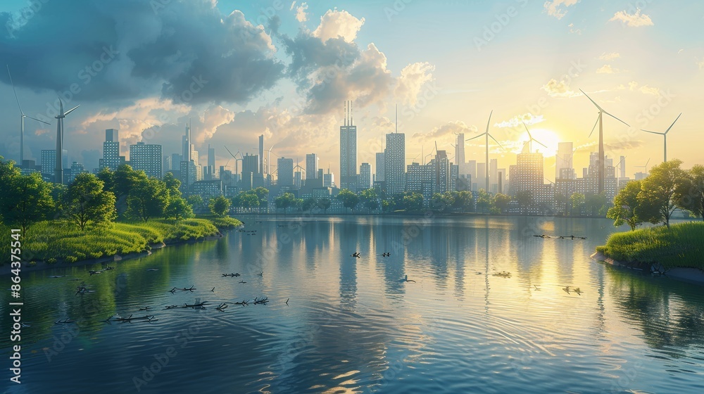 A futuristic cityscape rendered in 3D, featuring buildings with ...