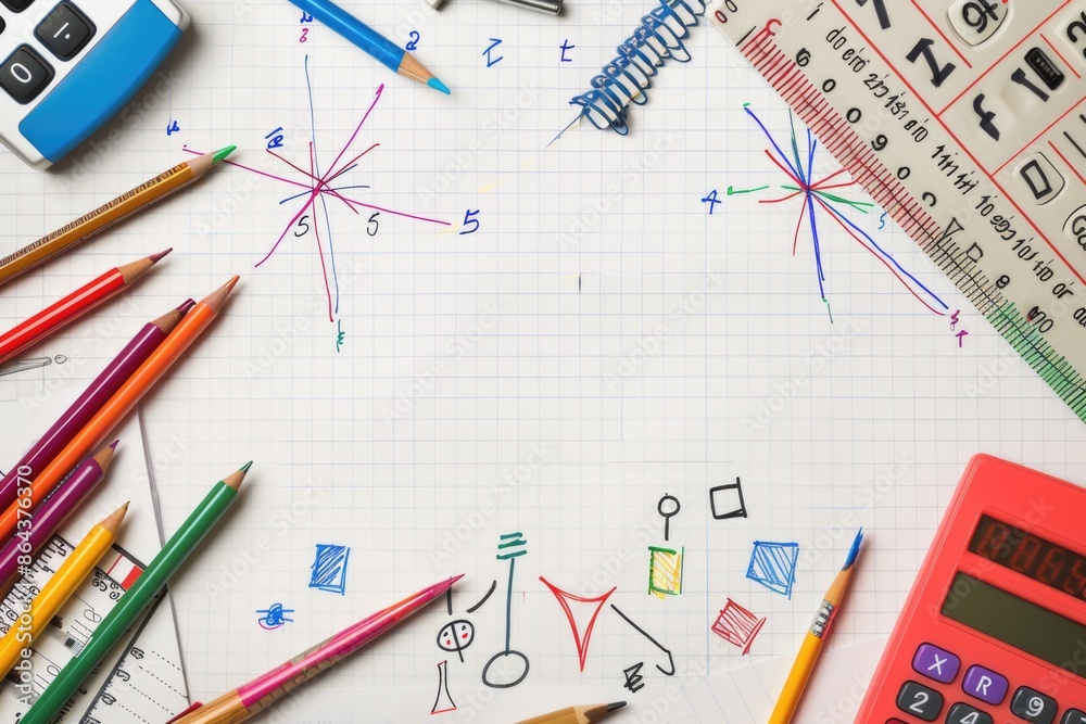 Creative Education Background with Colorful Stationery and Math Diagrams for School Posters and Study Materials Creative Education Background with Colorful Stationery and Math Diagrams for School Posters and Study Materials