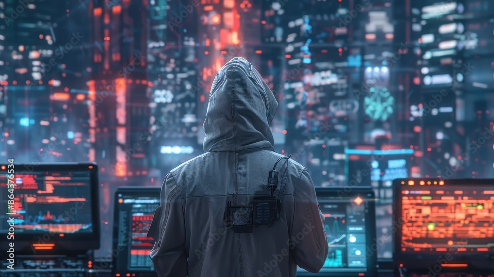 A hacker in a hooded jacket working on holographic screens with code, encryption algorithms, and intrusion detection, set against digital data streams. A hacker in a hooded jacket working on holographic screens with code, encryption algorithms, and intrusion detection, set against digital data streams.