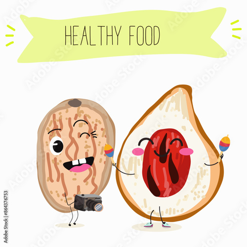 Cute nutmeg characters, funny nuts, with different activities, outdoor, sports, musical instrument.