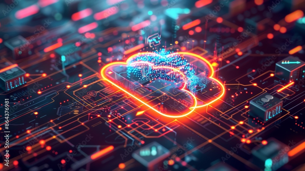 A futuristic 3D illustration of a digital cloud surrounded by a network of servers and devices, symbolizing cloud storage and connectivity. A futuristic 3D illustration of a digital cloud surrounded by a network of servers and devices, symbolizing cloud storage and connectivity.