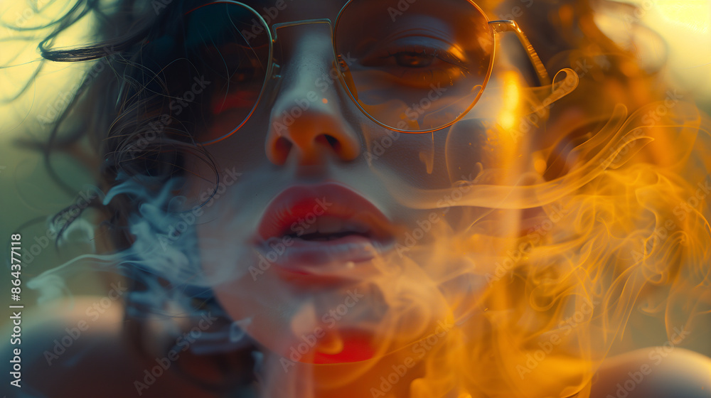 cinematic close-up of a woman smoking a cigarette, with curly hair. reflective glasses. The dramatic lighting, with warm and cool tones highlighting her facial features. an ethereal and dynamic effect cinematic close-up of a woman smoking a cigarette, with curly hair. reflective glasses. The dramatic lighting, with warm and cool tones highlighting her facial features. an ethereal and dynamic effect