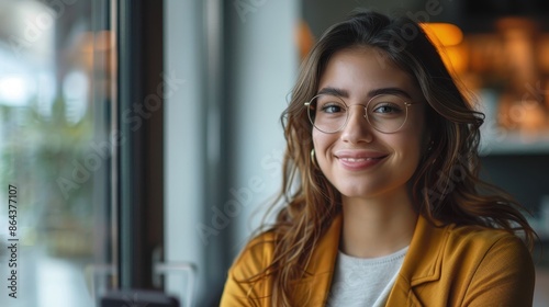 A smiling woman with glasses stands in a modern workspace near a window, representing positivity, confidence, and engagement in a professional environment. photo