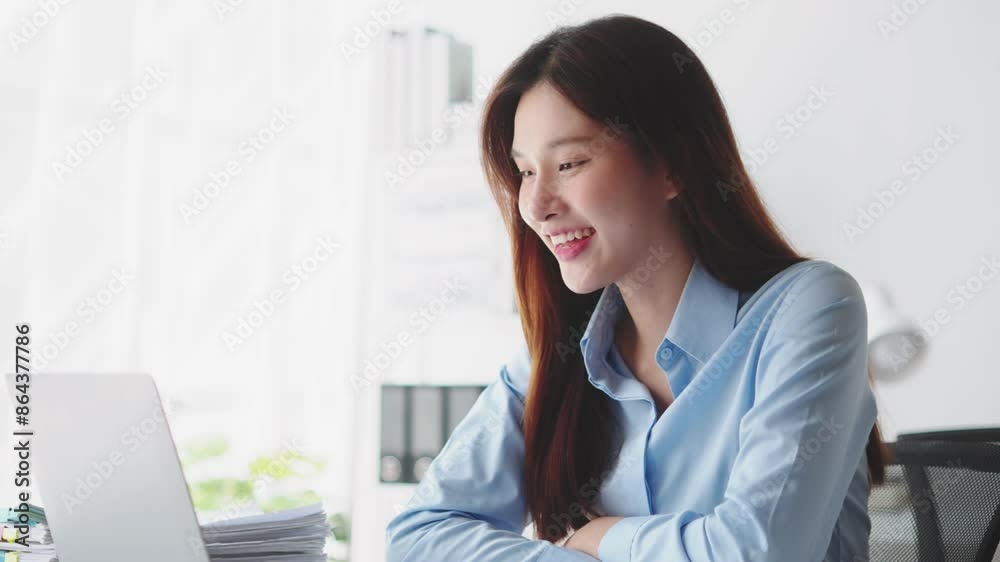 Businesswoman actively engages in an online conference call in a modern office. Expressive facial expressions and bright environment Businesswoman actively engages in an online conference call in a modern office. Expressive facial expressions and bright environment