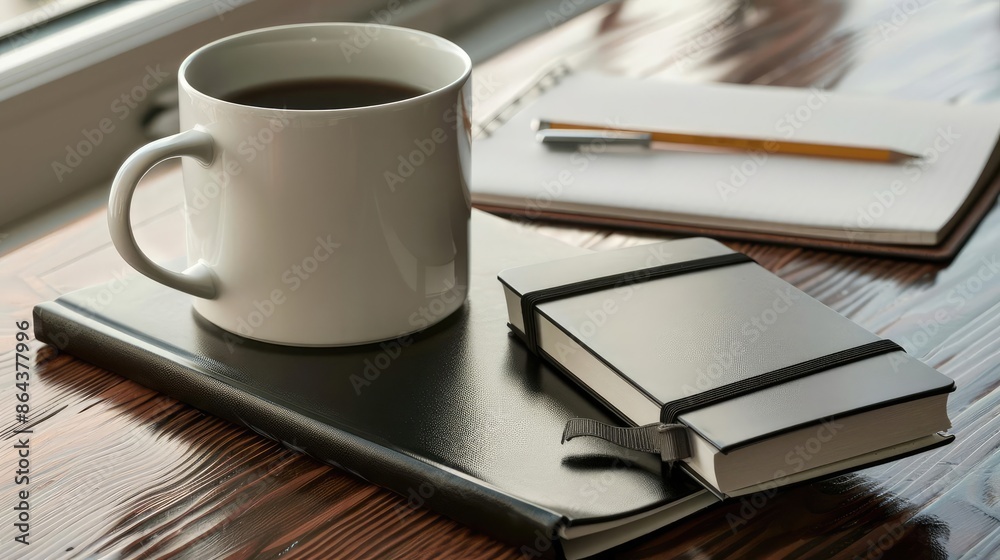 Elegant coffee mug, sleek notebook, pencil, and pen on a polished wooden desk, emphasizing productivity and style Elegant coffee mug, sleek notebook, pencil, and pen on a polished wooden desk, emphasizing productivity and style