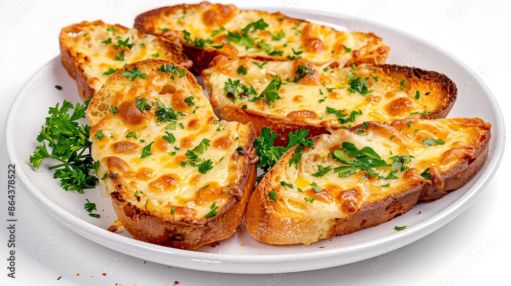 golden-brown cheesy garlic bread slices with melted cheese and parsley on a plate, comfort food golden-brown cheesy garlic bread slices with melted cheese and parsley on a plate, comfort food