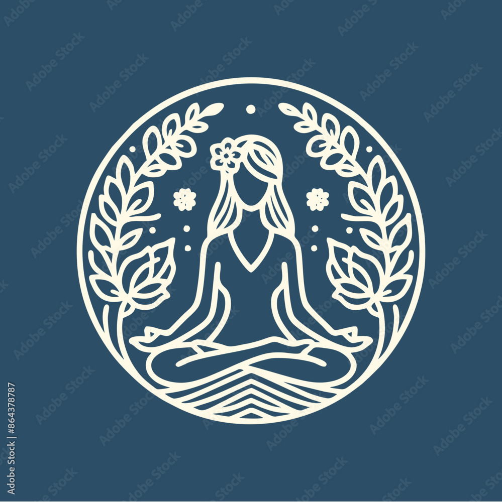 Fototapeta premium Classic Women Meditation Pose Minimalist Line Drawing Circle Logo Illustration