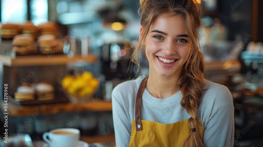 This image portrays a young female barista with braided hair and a bright smile, serving coffee with joy in a bustling cafe, encapsulating the essence of hospitality and service. This image portrays a young female barista with braided hair and a bright smile, serving coffee with joy in a bustling cafe, encapsulating the essence of hospitality and service.