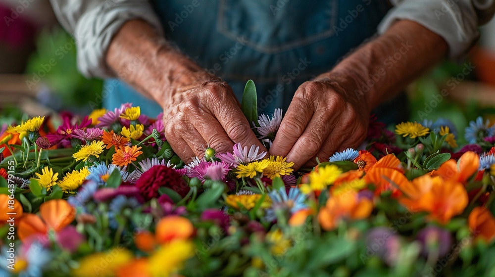 Hands arranging colorful flowers. Hands arranging colorful flowers.