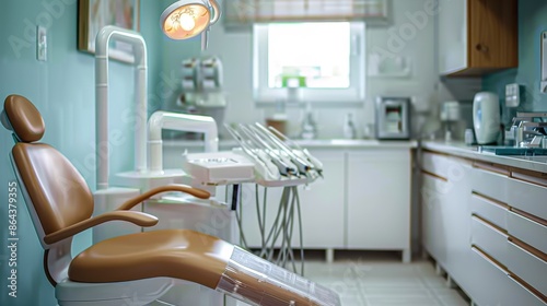 A professionally set up dental office featuring a dental chair, various dental tools and equipment, and a well-organized space with blue-green walls and good lighting. photo