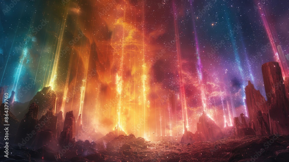 Vivid surreal fantasy landscape with vibrant, colorful sky and mystical atmosphere, filled with beams of light and celestial elements.