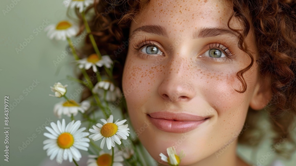 A smiling woman with curly hair and freckles is holding a bouquet of daisies. The close-up image captures her joyful and serene expression under soft natural light. A smiling woman with curly hair and freckles is holding a bouquet of daisies. The close-up image captures her joyful and serene expression under soft natural light.
