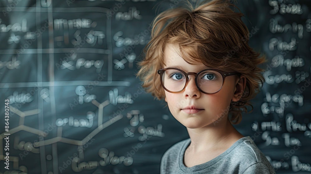 Portrait of a gifted and intelligent child, with an out-of-focus blackboard in the background, with mathematical formulas drawn. Portrait of a gifted and intelligent child, with an out-of-focus blackboard in the background, with mathematical formulas drawn.