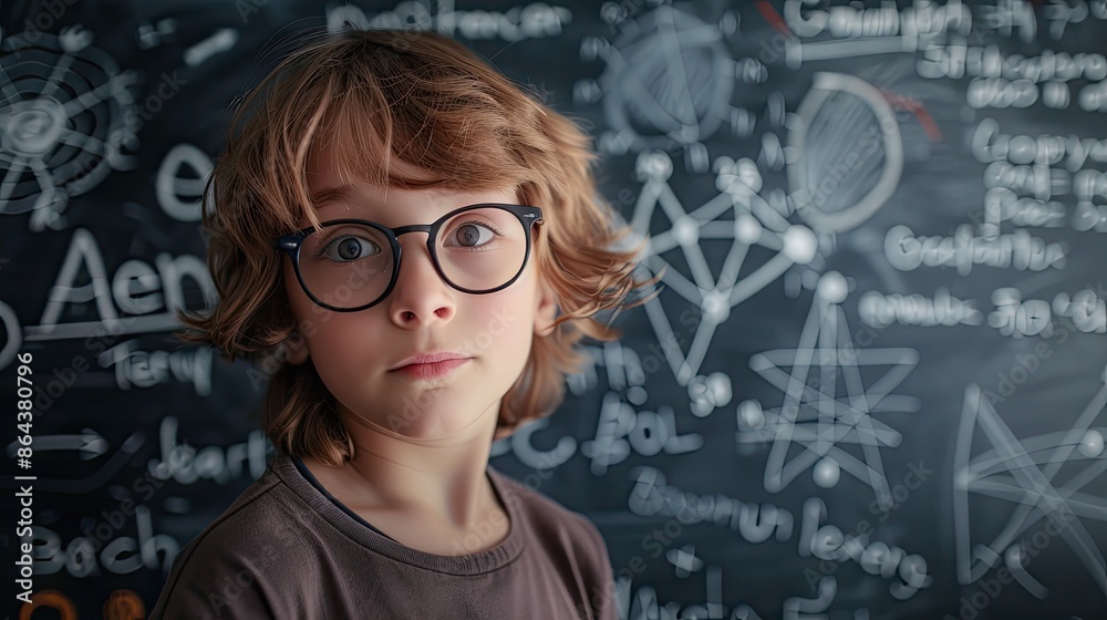 Portrait of a gifted and intelligent child, with an out-of-focus blackboard in the background, with mathematical formulas drawn. Portrait of a gifted and intelligent child, with an out-of-focus blackboard in the background, with mathematical formulas drawn.