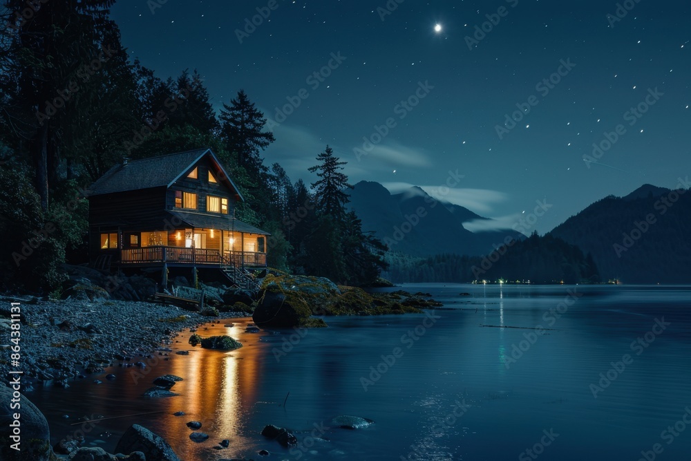 Fototapeta premium house on the water in Whirty Lake at night with lights shining from the windows, on a rocky beach on Vancouver Island with trees and mountains in the background Generative AI