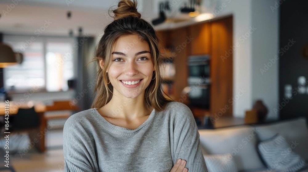 A woman stands smiling in a modern, cozy living room, her hair up in a bun, wearing a casual gray sweater, exemplifying casual comfort and modern living. A woman stands smiling in a modern, cozy living room, her hair up in a bun, wearing a casual gray sweater, exemplifying casual comfort and modern living.