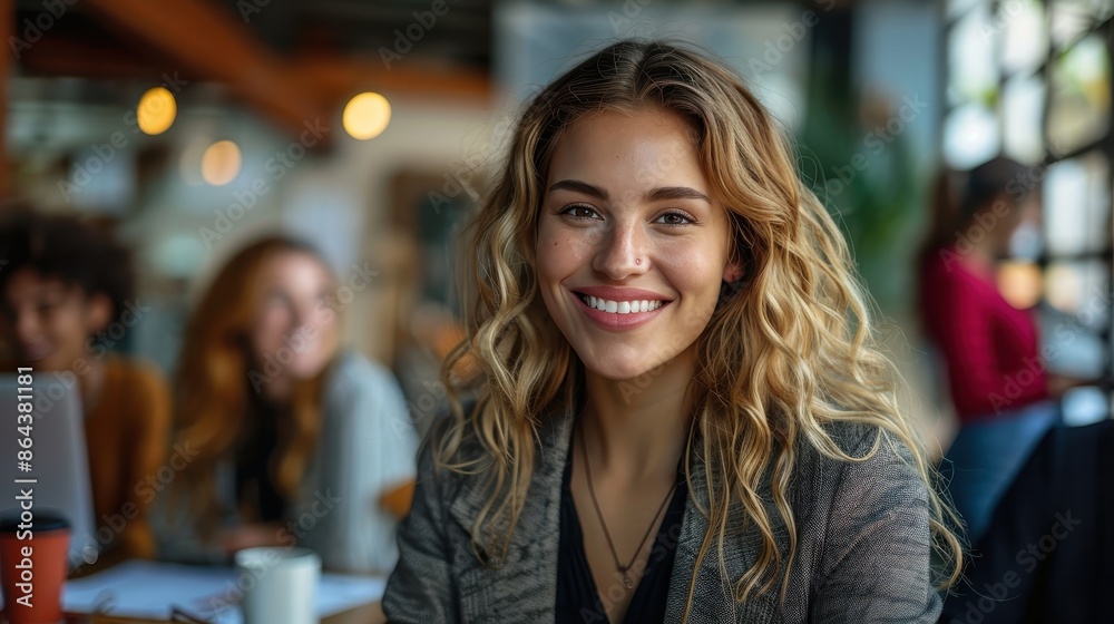 A blonde woman with curly hair smiles brightly in a modern, well-lit workspace, capturing a moment of joy and positivity, blending professional and casual elements seamlessly.