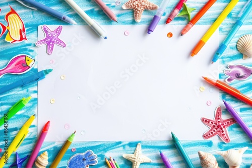 Colorful Children’s Drawing Background with Sea Creatures and Markers for Creative Projects