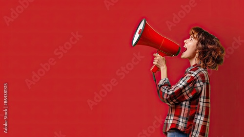 Happy woman announcing offers through megaphone on a red background, copy space.