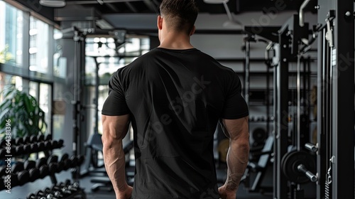 Young man from behind, wearing a black t-shirt, showing a muscular back, inside a gym with an out-of-focus background.