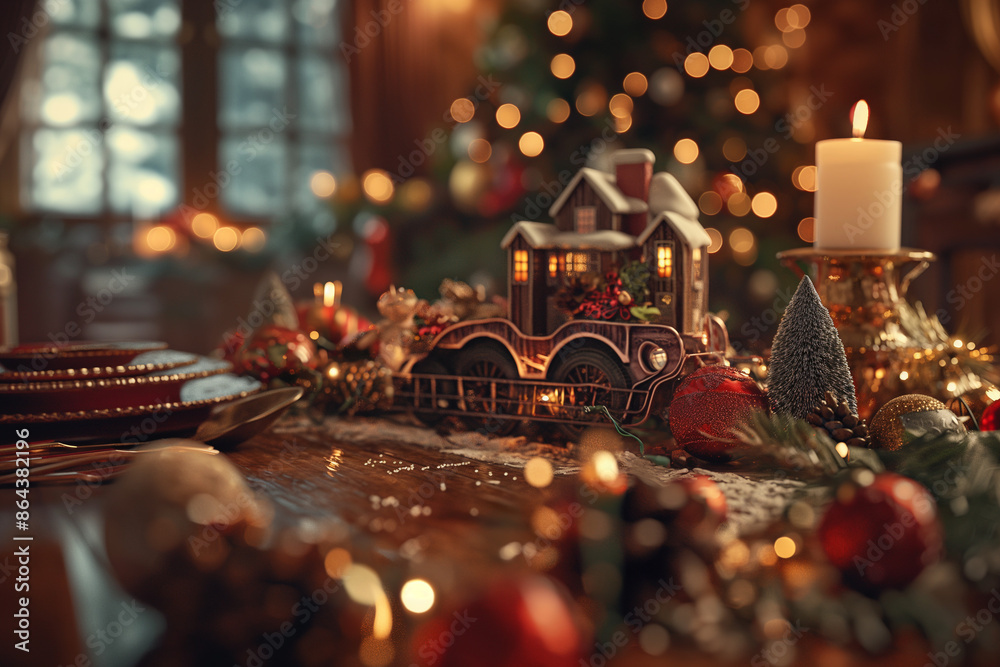 Christmas table and house decoration, post cart, space for text, photorealistic, warm lighting Christmas table and house decoration, post cart, space for text, photorealistic, warm lighting