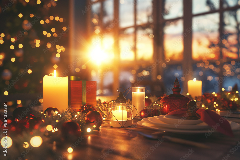 Christmas table and house decoration, post cart, space for text, photorealistic, warm lighting Christmas table and house decoration, post cart, space for text, photorealistic, warm lighting