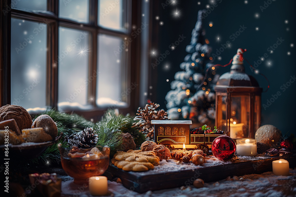 Christmas table with polar train post cart, space for text, warm lighting, dark blue wall background Christmas table with polar train post cart, space for text, warm lighting, dark blue wall background