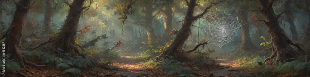 A surreal scene of a giant spider weaving its web in an enchanted forest, rendered in thick oil paint to capture the mystical atmosphere and rich colors, Generative AI A surreal scene of a giant spider weaving its web in an enchanted forest, rendered in thick oil paint to capture the mystical atmosphere and rich colors, Generative AI