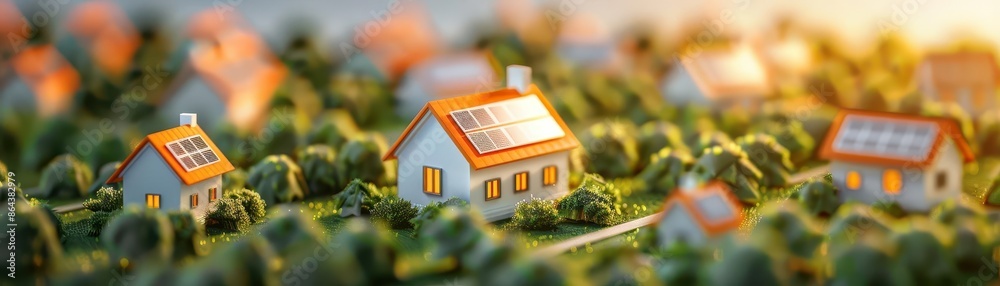 Miniature houses nestled among lush greenery, bathed in soft sunlight. Miniature houses nestled among lush greenery, bathed in soft sunlight.