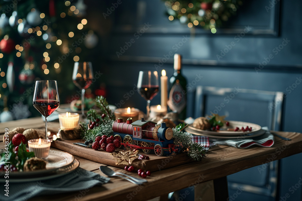 Christmas table with polar train post cart], space for text, photorealistic, warm lighting, dark blue wall background