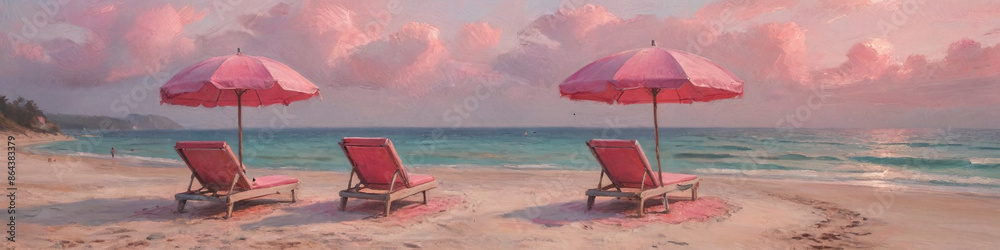A romantic beach setting at dusk with two sunbeds under a pink umbrella, the sky painted in soft pastels, rendered in thick oil paint to capture the intimate and serene mood, Generative AI A romantic beach setting at dusk with two sunbeds under a pink umbrella, the sky painted in soft pastels, rendered in thick oil paint to capture the intimate and serene mood, Generative AI