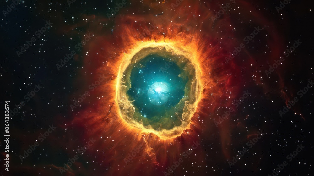 A bright, colorful ring nebula with a dying star at its center. A bright, colorful ring nebula with a dying star at its center.