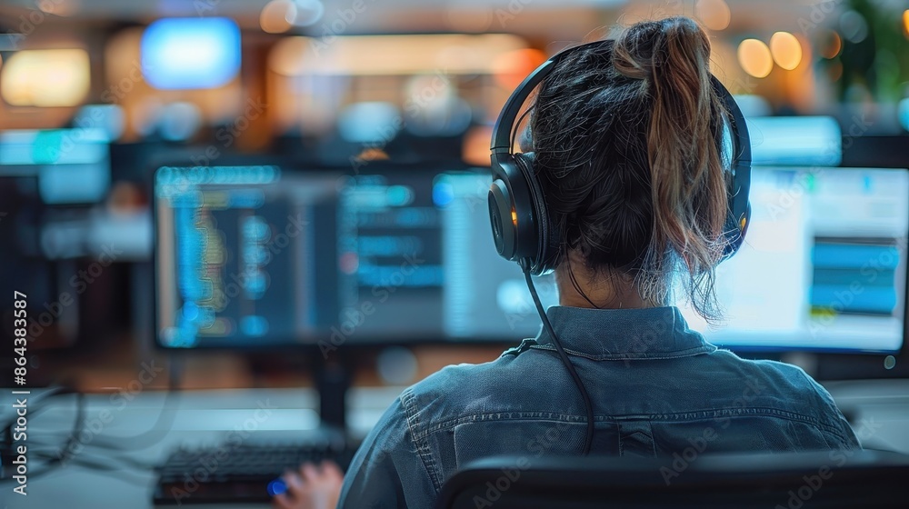 This image shows a coding professional working diligently on a computer with multiple screens, wearing headphones, in a contemporary office setting. This image shows a coding professional working diligently on a computer with multiple screens, wearing headphones, in a contemporary office setting.