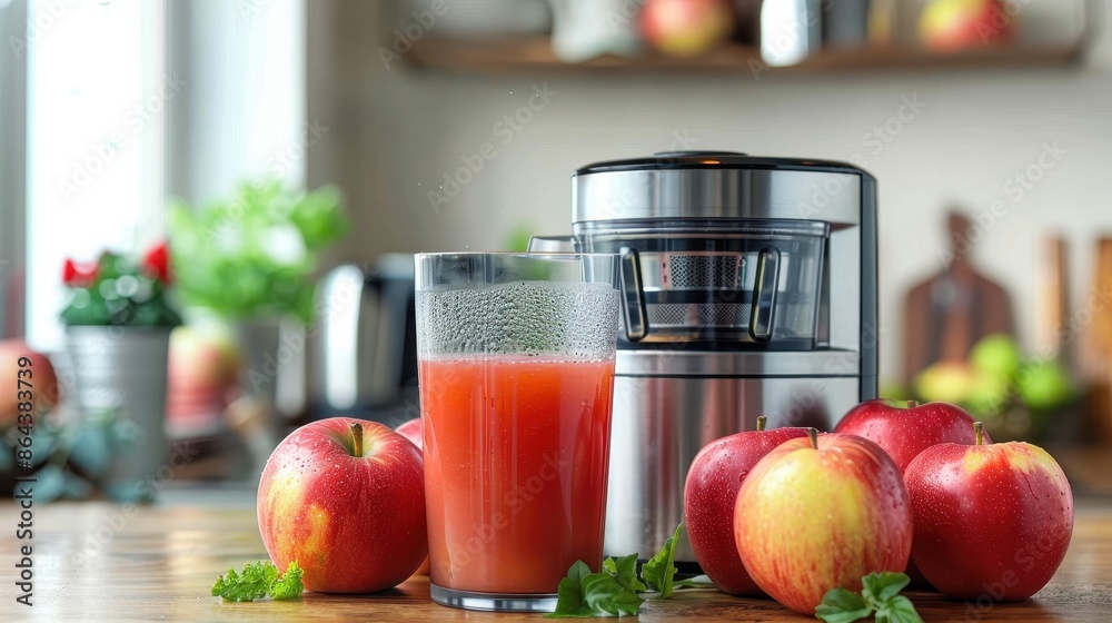 A glass of fresh apple juice sits in front of an advanced juicer with several apples around, showcasing a healthy and delicious beverage option in a modern kitchen setting. A glass of fresh apple juice sits in front of an advanced juicer with several apples around, showcasing a healthy and delicious beverage option in a modern kitchen setting.
