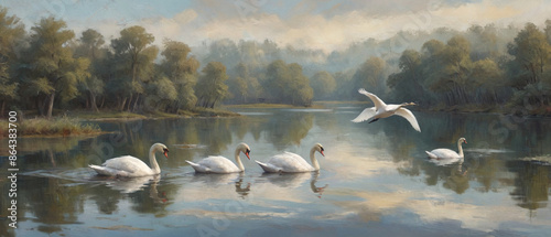 Fototapeta Naklejka Na Ścianę i Meble -  A serene scene of swans gliding across a tranquil lake, depicted in thick oil layers to emphasize the graceful movement and reflective water, Generative AI