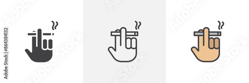 Hand holding cigarette icon symbol collection on white background.