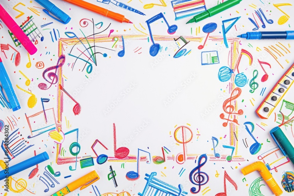 Vibrant Children's Drawing Background with Musical Notes and Art Supplies for Creative Projects Vibrant Children's Drawing Background with Musical Notes and Art Supplies for Creative Projects