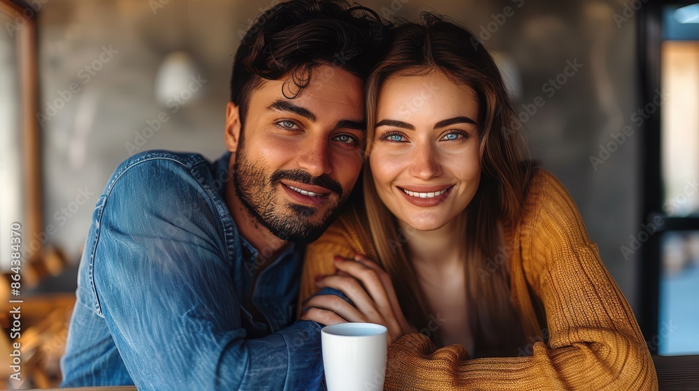 A content couple, seated closely in a serene cafe, enjoy a quiet moment together, signifying connection, love, and a peaceful shared experience amid a cozy atmosphere.