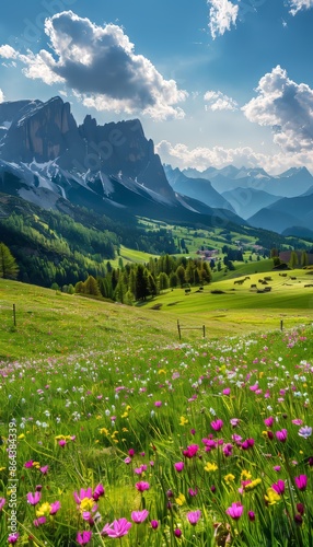 Sunny alpine spring high quality image of idyllic mountain landscape with blooming meadows