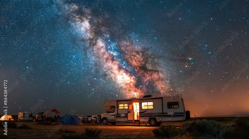 An awe-inspiring capture of an RV with its interior lights on, set against the dazzling Milky Way in a clear, star-filled night, blending adventure with nocturnal beauty. An awe-inspiring capture of an RV with its interior lights on, set against the dazzling Milky Way in a clear, star-filled night, blending adventure with nocturnal beauty.